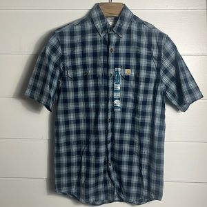 Carhartt Men’s Shirt Small Relaxed Fit Blue Plaid Button Up Short‎ Sleeve